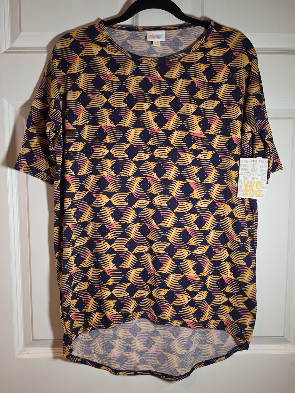 NWT Lularoe Irma Patterned Short Sleeve Tunic Top in Navy, Mustard & Pink XXS